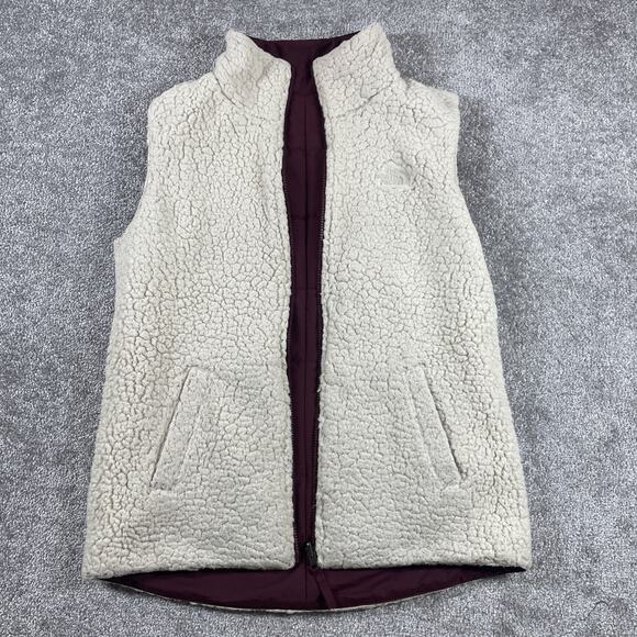 North Face Vest Womens Small Reversible Puffer Sherpa Zip Up Wine Purple - Picture 2 of 16